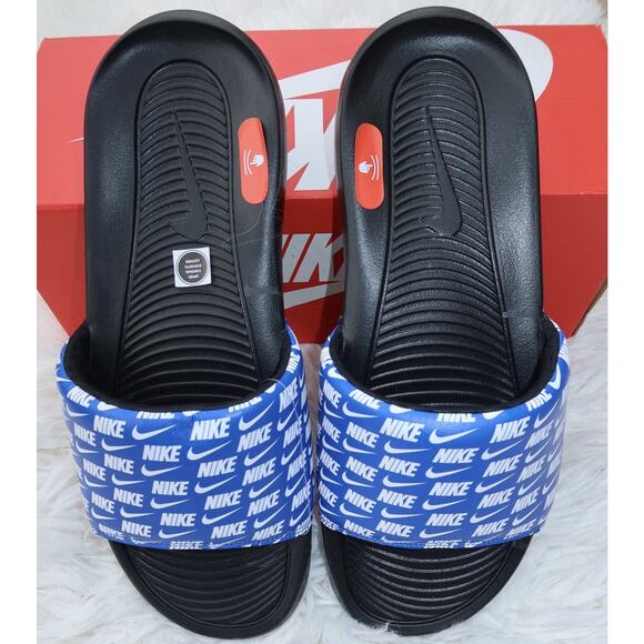 Nike Victori One Print Slides Men’s Size 12 Blue White Logo Sandals NWT